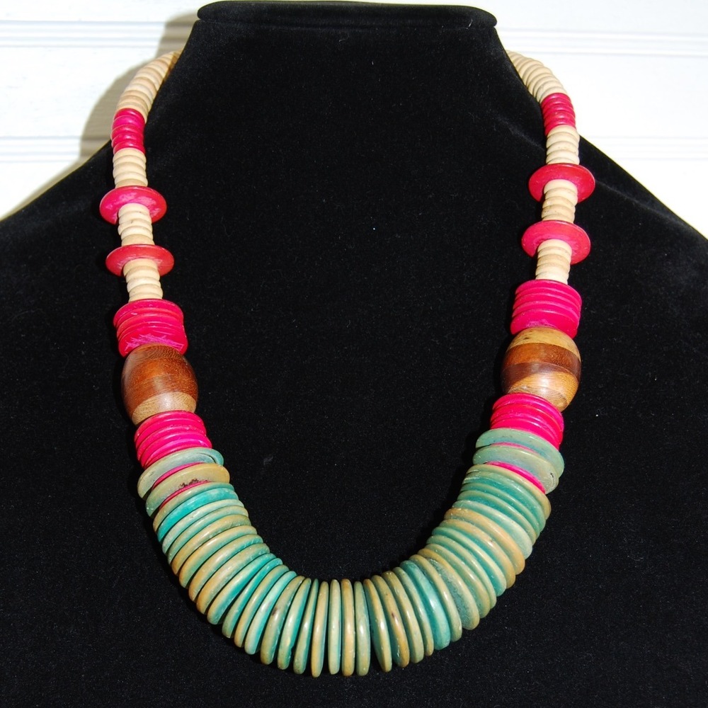 Vintage Chunky Wooden Necklace Multicolor disk beads Boho Hippie jewelry